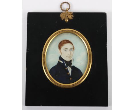 ^ Portrait Miniature of a Georgian Naval Officer, good example painted on ivory and housed in classic ebonised frame with gil