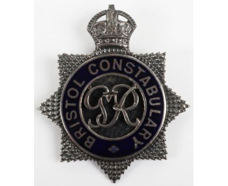 Bristol Constabulary Senior Police Officers Silver Cap Badge Kings crown, George VI, blue enamel, leather backing, Sterling s