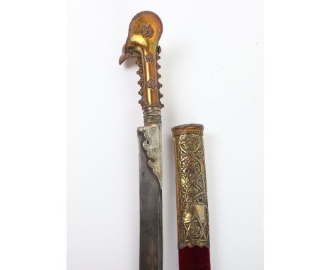 Ottoman Sword Yataghan, recurved single edge blade with gold damascened inscription dated AH1239 (=1824CE) together with toug