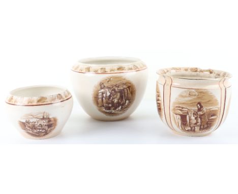 Three Bruce Bairnsfather Jardiniere Ceramic ‘Old Bill’ Pots, comic scene printed in sepia on cream field, one with chipped ri