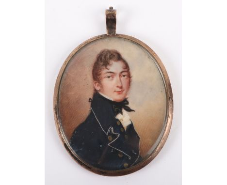 ^ Portrait Miniature of a Georgian Naval Officer, fine quality example painted on ivory showing the officer wearing full nava