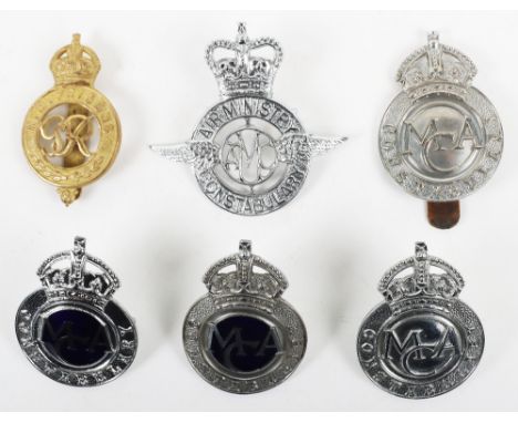 Air Ministry Constabulary Cap Badges, 2 x KC chrome, one with replacement slider, 2 x KC chrome/blue enamel, QC chrome and KC