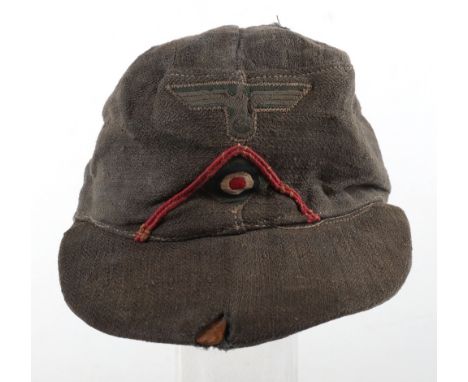 WW2 German Army HBT Field Cap, unusual field cap made from herringbone twill material with standard German army bevo cap eagl
