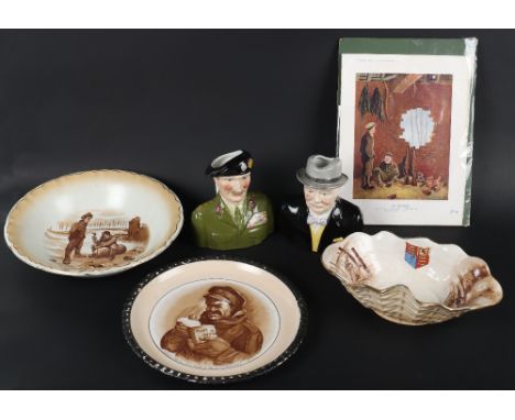 Bruce Bairnsfather “Old Bill” Pottery Dish by Grimswades, being sepia toned dish with Old Bill comedy scene image of two WW1 
