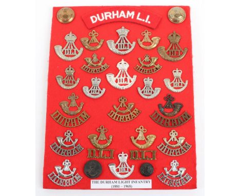 Selection of Durham Light Infantry Badges and Insignia, including Victorian cap badge, scarce WW1 war economy all brass cap b