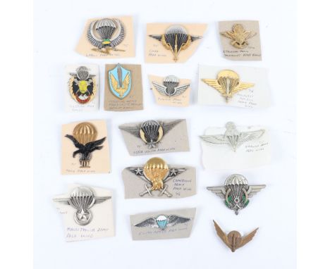 Quantity of Mostly African Nations Paratrooper Wings and Badges, including Drago Paris made Niger Paratrooper wing, Ugandan A