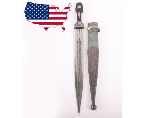 Fine Quality Caucasian Dagger Kindjal, with nielloed silver mounts, two piece horn grips. Fine stampings to the rear of the s