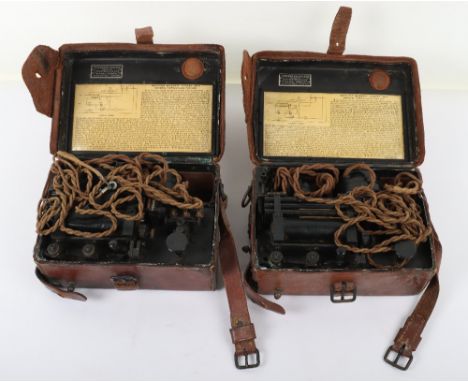 2x WW1 US Army Signal Corps Model 1914 Service Buzzer, both housed in brown leather carry case with details stamped to the li