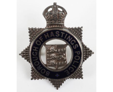 Scarce Borough of Hasting Police Senior Officers Kings Crown Silver Cap badge, sterling silver, blue enamel, cofa centre, wit