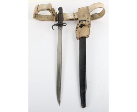 British 1907 Hook Quillon Bayonet, with two piece wooden grips. Steel pommel struck with Arabic markings, indicating possible