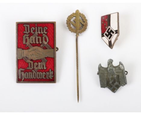 4x Third Reich Pin Badges, consisting of German Colonial Bund enamel pin badge, SA Sports badge stickpin, in service of the G