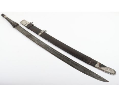 Omani Silver Mounted Sword, 19th&nbsp;Century, broad slightly curved single edge Indian blade cut with 2 fullers, leather cov