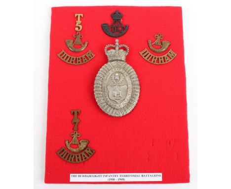 Territorial Battalions Durham Light Infantry Badges, including blackened cap badge, made up T/5/BUGLE/DURHAM shoulder title, 