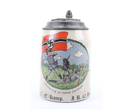 German Army Beer Stein 17. (E) Komp Infanterie Regiment Nr42, stone ware ½ litre beer stein with artist image of German troop