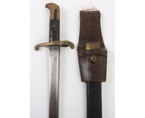 British 1855 Pattern Lancaster Sword Bayonet, black chequered two piece grip with brass cross guard and muzzle ring. Housed i