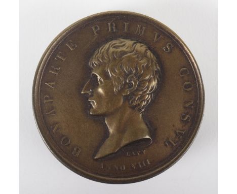 Napoleon Bonaparte Snuff Box, cast brass circular snuff box with profile image of a young Napoleon to the obverse and the rev
