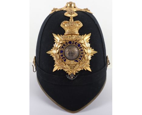 Victorian Royal Marine Light Infantry Officers Home Service Helmet, blue cloth covered cork home service helmet with gilt met