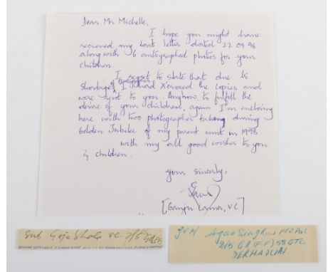 3x Signatures of British Indian Army Victoria Cross Winners, including a handwritten letter signed to the base by Ganju Lama 