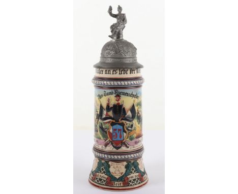 Imperial German Regimental Stein of Infantry Regiment Nr 57, fine example with hand painted scenes of military interest and a