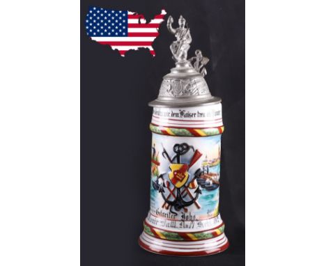 Scarce Imperial German Baden Pioneer Battalion Nr14 Regimental Stein, fine example of a porcelain stein with coloured militar