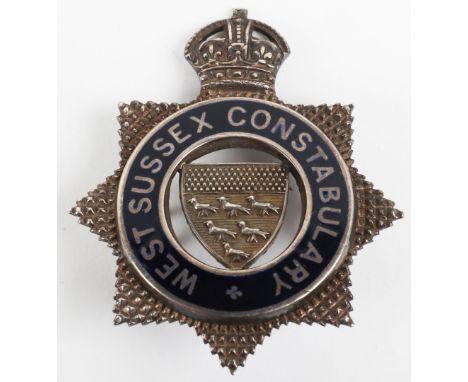 West Sussex Constabulary Senior Police Officers Silver cap badge Kings crown, cofa centre, blue enamel, Sterling silver, with