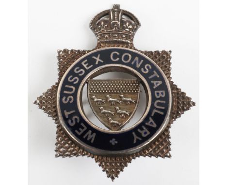 West Sussex Constabulary Senior Police Officers Silver cap badge Kings crown, cofa centre, blue enamel, Sterling silver, with