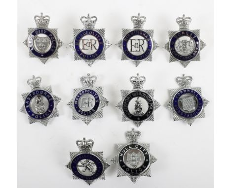 Nine Obsolete Queens Crown Senior Officers Police Cap Badges, chrome/enamel, including:  Eastbourne Police, original Leeds Ci