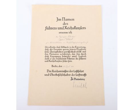 Third Reich Promotion Document Signed by Generalfeldmarschall Erhard Milch, fine example of an official promotion document wi