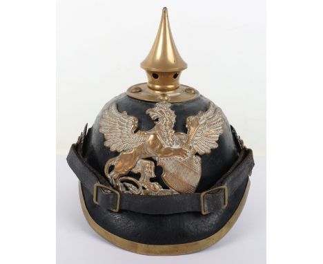 Imperial German Baden Other Ranks Pickelhaube, leather bodied helmet with brass Baden state helmet plate to the centre. Brass