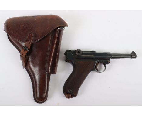 Deactivated German P08 Luger Semi-Automatic Pistol in Original Holster, near mint condition example of a P08 Luger pistol mad