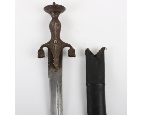 Afghan Sword Pulouar, 19th&nbsp;Century, curved single edge blade cut with a single fuller and with false edge, iron hilt of 