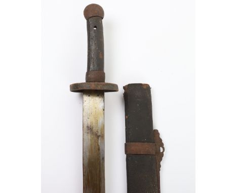 Chinese Boxer Rebellion Period Sword, heavy curved single edge blade cut with a single narrow fuller, dish-shaped iron guard,