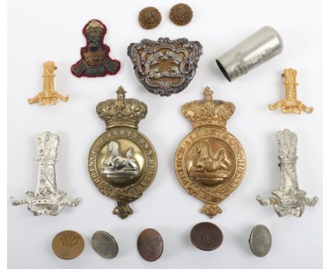 British 11th Hussars Badge Grouping, including two regimental tunic arm badges, pair of gilt officers collar badges, bullion 