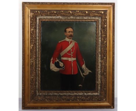 Oil on Canvas Painting of a Victorian Volunteer Officer, fine portrait study of the officer in scarlet full dress uniform wit