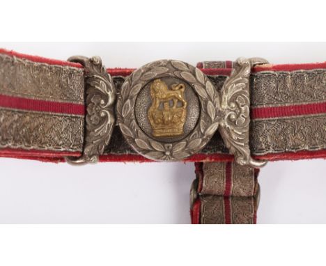 Victorian Officers Sword Belt, applied with twin strips of silver bullion, white metal mounts including waist belt clasp with