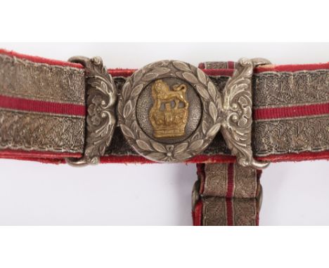 Victorian Officers Sword Belt, applied with twin strips of silver bullion, white metal mounts including waist belt clasp with