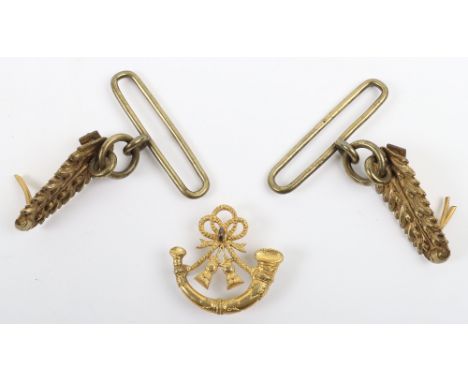 Victorian Pouch Fittings, gilt metal strung bugle with three screw post fittings to the reverse and two pouch fittings. 