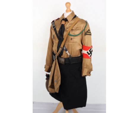 Third Reich Hitler Youth Boys Uniform Ensemble, being a lightweight brown shirt with the brown bakelite HJ/DJ marked buttons,