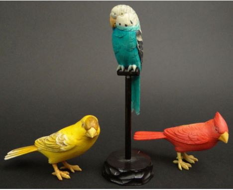 Three (3) Miniature Polychrome Painted Carved Ivory Japanese Okimono Birds. 1 with Stand. Very Good Condition. Largest Measur
