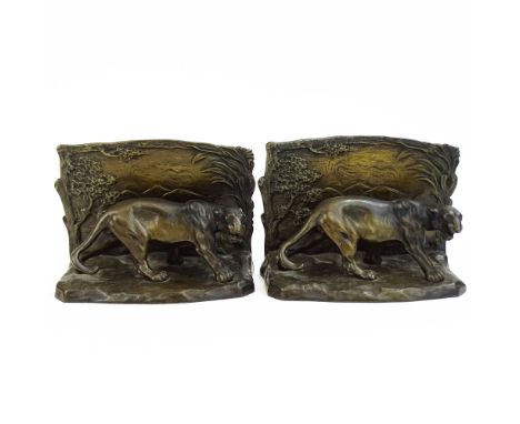 Pair of Austrian Bronze Bookends "Wildcats in Landscapes" Signed Heinrich Hirschler Made In Austria. Good condition. Measures