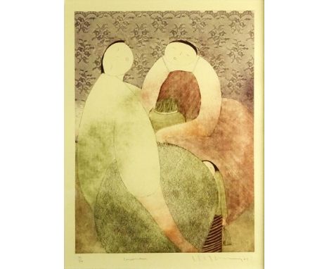 Modern Signed Color Lithograph "Conversation" Signed (illegible), titled and numbered 88/175 in pencil. Good condition. Measu