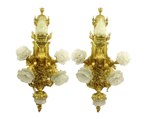 Large and Heavy French Gilt Bronze Six (6) Light Sconces with Finely Cast Relief Bacchus Masks and Grape Leaf Swags. Unsigned