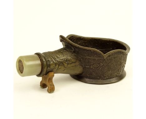 Antique Chinese Bronze and Jade Pan Iron/Silk Iron. Bas relief design. Unsigned. Good vintage condition. Measures 3" H x 8" L