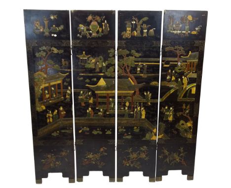Antique Chinese Four (4) Panel Lacquer Screen with Inset Hardstone, Ivory and Mother of Pearl. Unsigned. Rubbing, surface wea