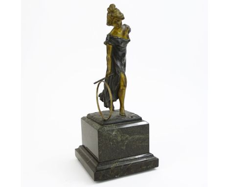 Paolo Ferrari, Italian (19/20th C) Patinated bronze sculpture on marble base "Girl With Hoop" Signed P. Ferrari. Wear to pati