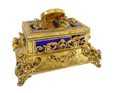 Early 20th Century Jeweled Enameled Gilt Bronze Singing Bird Box Automaton. Set throughout with oval brilliant cut garnets an