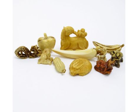 Collection Mid 20th Century Japanese Carved Ivory Including Six (6) Netsukes, Three (3) Snuff Bottles and One (1) Pendant. On