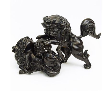 Set of Two (2) Antique Japanese Bronze ShiShi Koro Dogs. Signed. Repair to one tail or in good condition. Measures 9" H x 17-