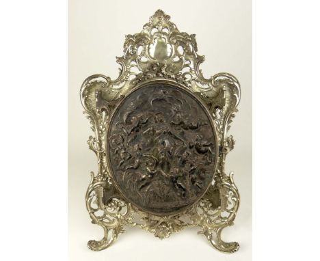 Antique French Rococo style Silvered Bronze Tri-Fold Standing Table Mirror. Ornately Decorated in Flowers, Cartouche Motif. T