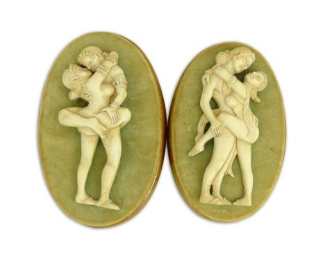 Pair of Vintage Indian Carved Relief Mammoth Ivory Kamasutra Plaques. Unsigned. Light age cracks or good condition. Each plaq